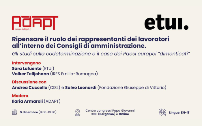 Workshop ADAPT-ETUI "Rivedere la rappresentanza dei lavoratori nei consigli di amministrazione: i paesi UE 'dimenticati' negli studi sulla codeterminazione"