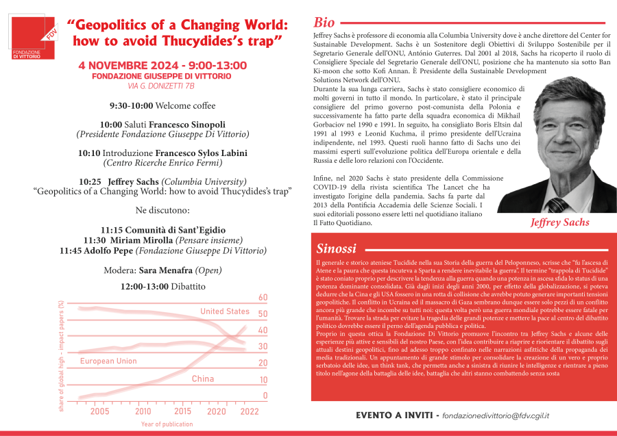 Evento Jeffrey Sachs - “Geopolitics of a Changing World:  how to avoid Thucydides’s trap”