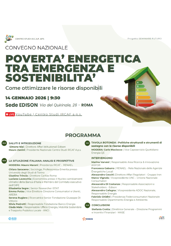 Convegno nazionale Povertà energetica tra emergenza e sostenibilità. Come ottimizzare le risorse disponibili.